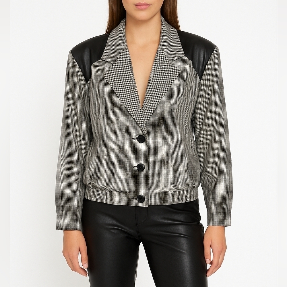 Vintage Bianca Checkered Bomber Jacket with leather inserts and shoulder pads